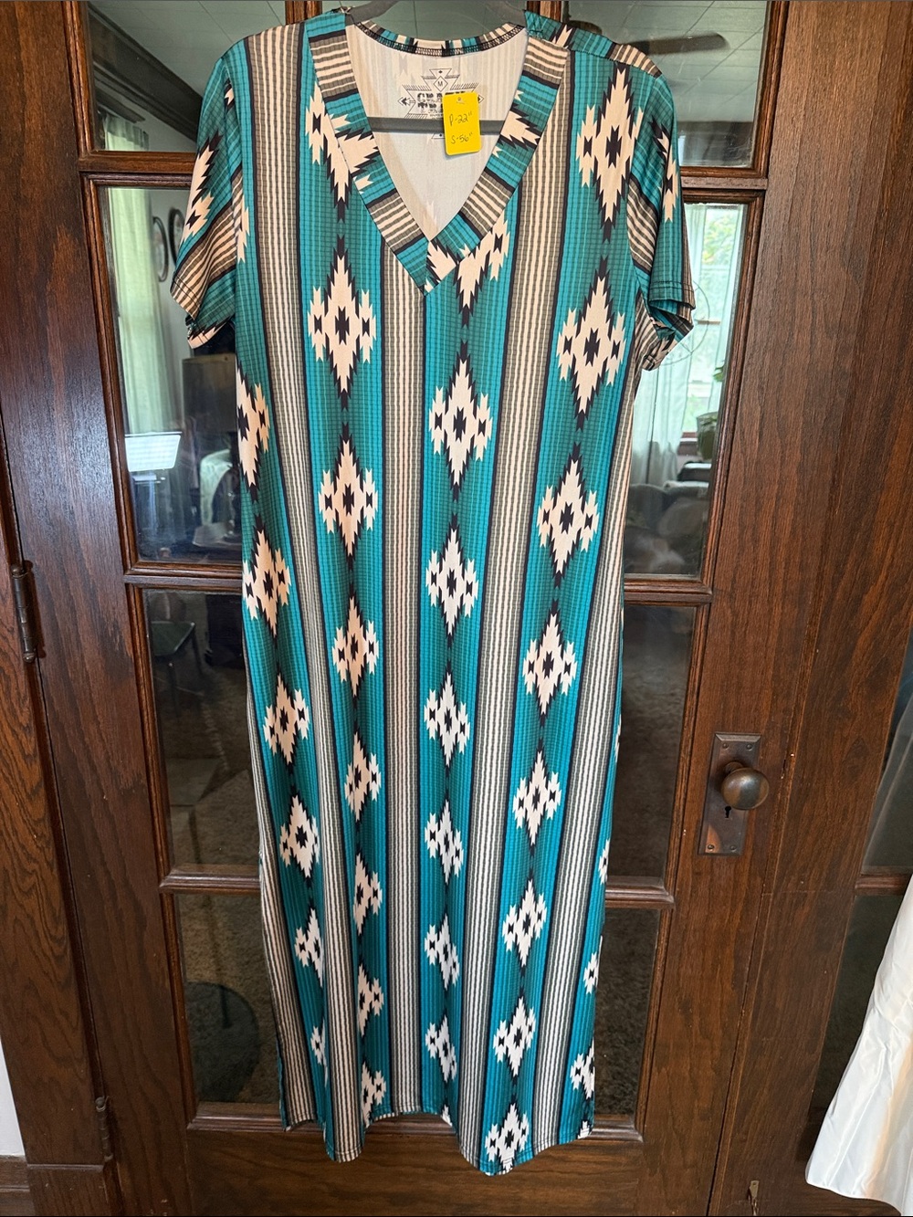 Crazy Train Teal Aztec Stripe V-Neck Maxi Dress
